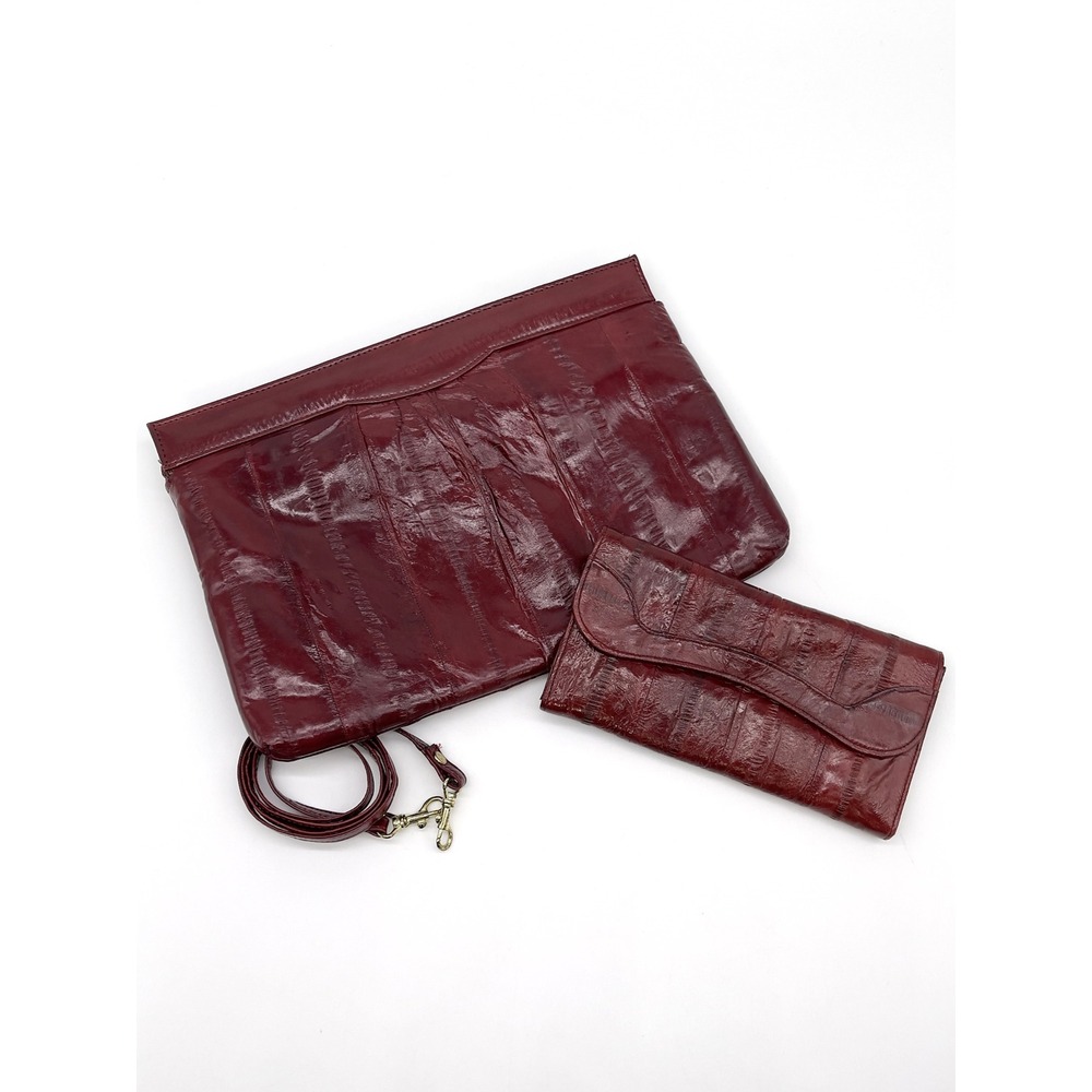 Vintage Eel Skin Clutch Handbag Wallet Set Deep Red Minimal Timeless 80s 90s
